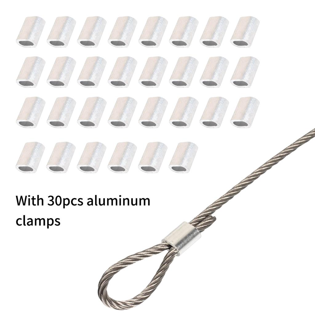 304 Stainless Steel Wire Rope Cable with 30pcs Aluminum Clamps Loops 328FT String Light Hanging Cable 1*7 Strand Core 110Mpa Breaking