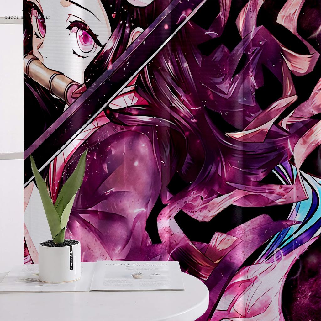 Hot-Blooded Anime Cartoon Printed Curtains, 100% Polyester, Rod Pocket Curtains, Kitchen, Living Room, Children's Room, 2 Pcs