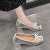 Балетки Удобные французские туфли на толстом каблуке среднего размера с квадратным носком Модные туфли с бантом