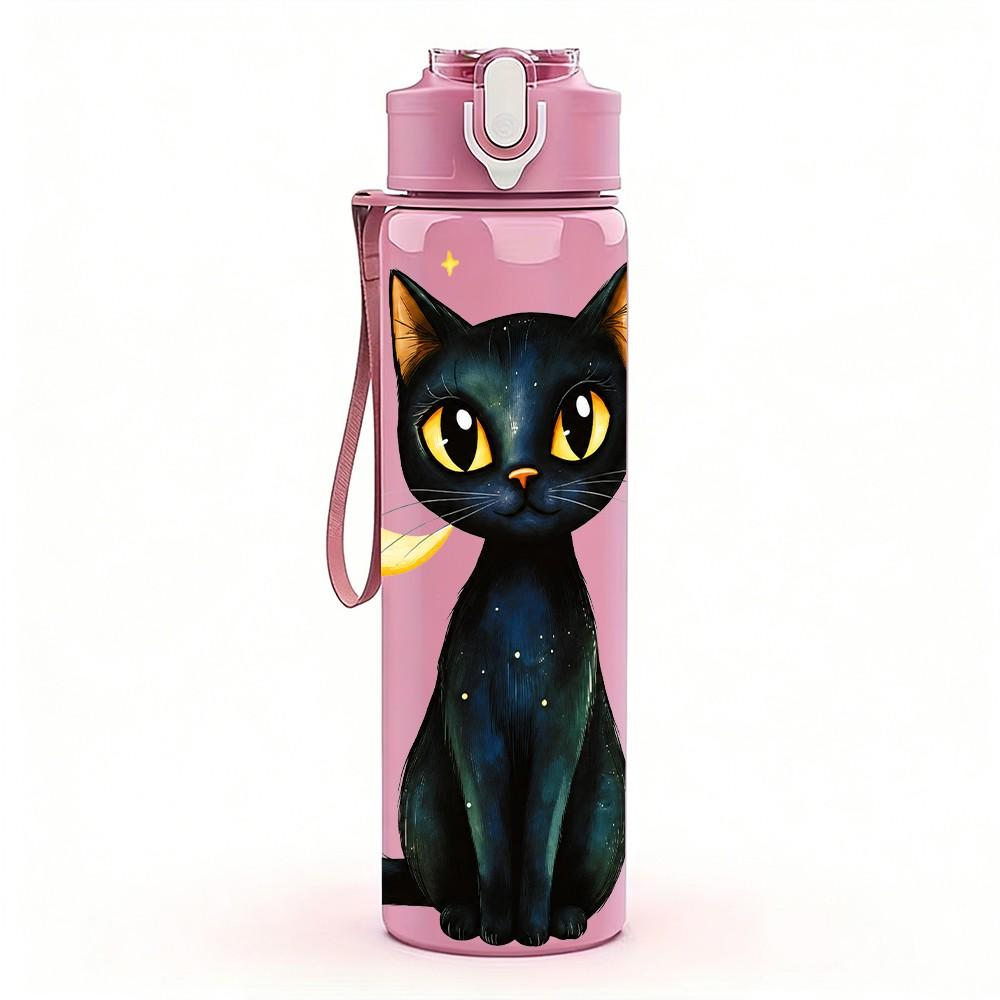 1PC Night Moon Black Cat 750ml Color Plastic Sports Water Bottle Leakproof Flip Straw Lid Suitable for Sports Office Home Use