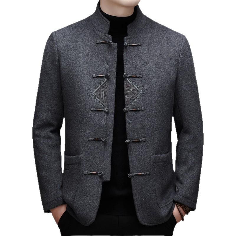 Мужской зимний ретро-пальто в китайском стиле Mancibo со стойкой и съемной пуговицей-лягушкой.