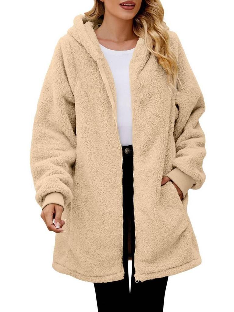 2023 Winter Women's Loose Plush Long-Sleeved Hooded Zipper Cardigan Jacket