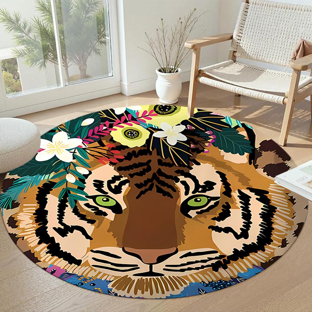 Tiger Round Office Rug Design for Dining Room Playrooms Kitchen Entryway Anti-slip Round Rug Decorate Offices Birthday Christmas Gift