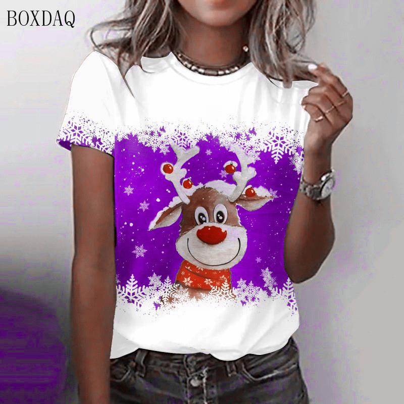 Short Sleeve Christmas Deer Pattern Women Street T-Shirts Oversized O-Neck 3d Printed Christmas Festival Ladies Casual Tops