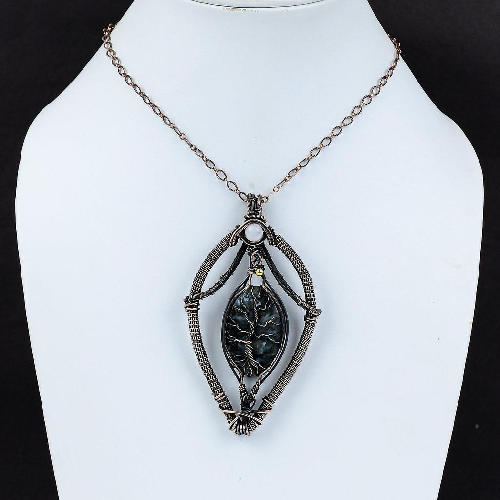 Древо Жизни Подвеска из Ларвикита Медная проволока Кулон Радуга Подвеска из лунного камня Подвеска ручной работы из драгоценного камня Медные украшения Подарок для жены