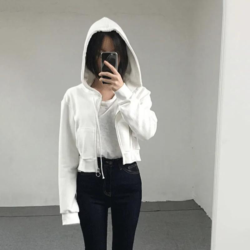 WTEMPO Толстовки женские, однотонные, свободные, в стиле Харадзюку, шикарное короткое пальто с капюшоном на молнии, женское универсальное тонкое пальто с длинными рукавами, новая уличная одежда Ulzzang