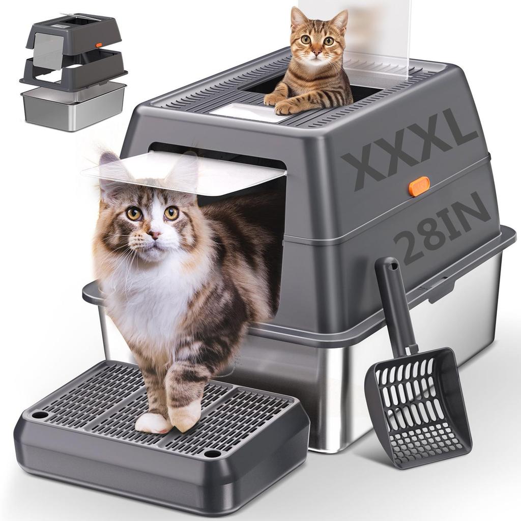 Stainless Steel Cat Litter Box with Anti-Splash Top-Entry Lid, Sizes S-XXXL.