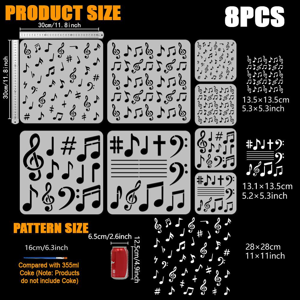 8Pcs 8 Styles Plastic Painting Stencils Templates Musical Note 150~300x150~300mm 1pc/style