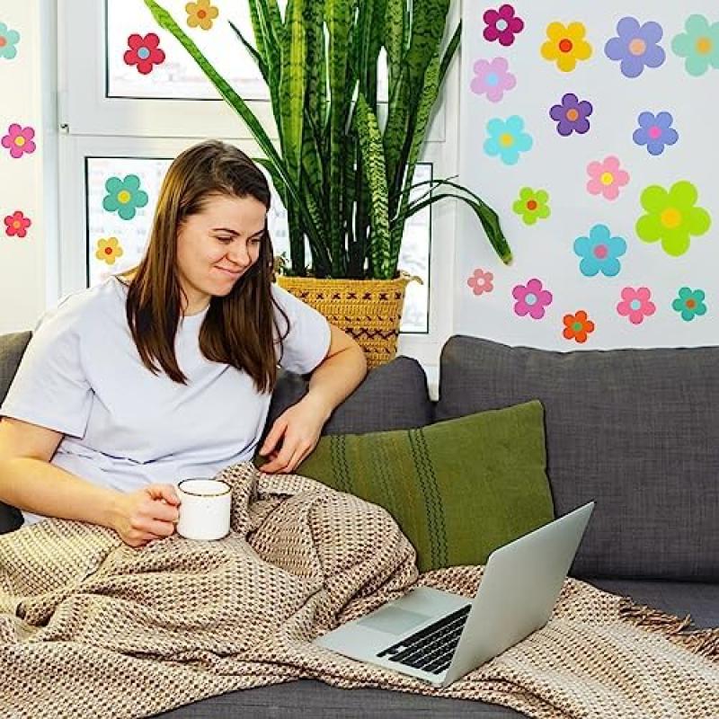 63 штуки Цветочные наклейки, Цветные настенные наклейки для комнаты девочки, Самоклеящееся boho настенное искусство для детской, Декор спальни