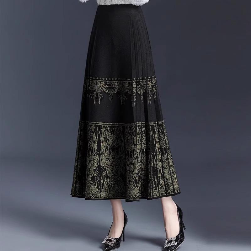 Шерстяная плиссированная юбка средней длины в китайском национальном стиле - Осенне-зимняя, стройнящая, ретро, вязаная, для женщин