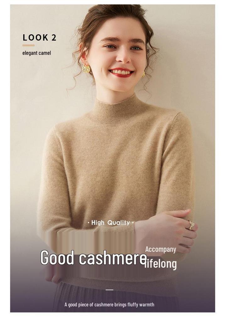 Women's Half-High Neck Cashmere Knit Sweater - Versatile, Warm, Loose Fit Pullover