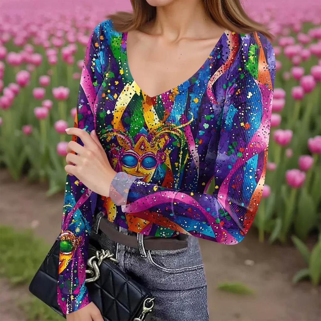 Женская зимняя приталенная футболка-базовый слой, модный принт, V-образный вырез, пуловер, топ с длинным рукавом