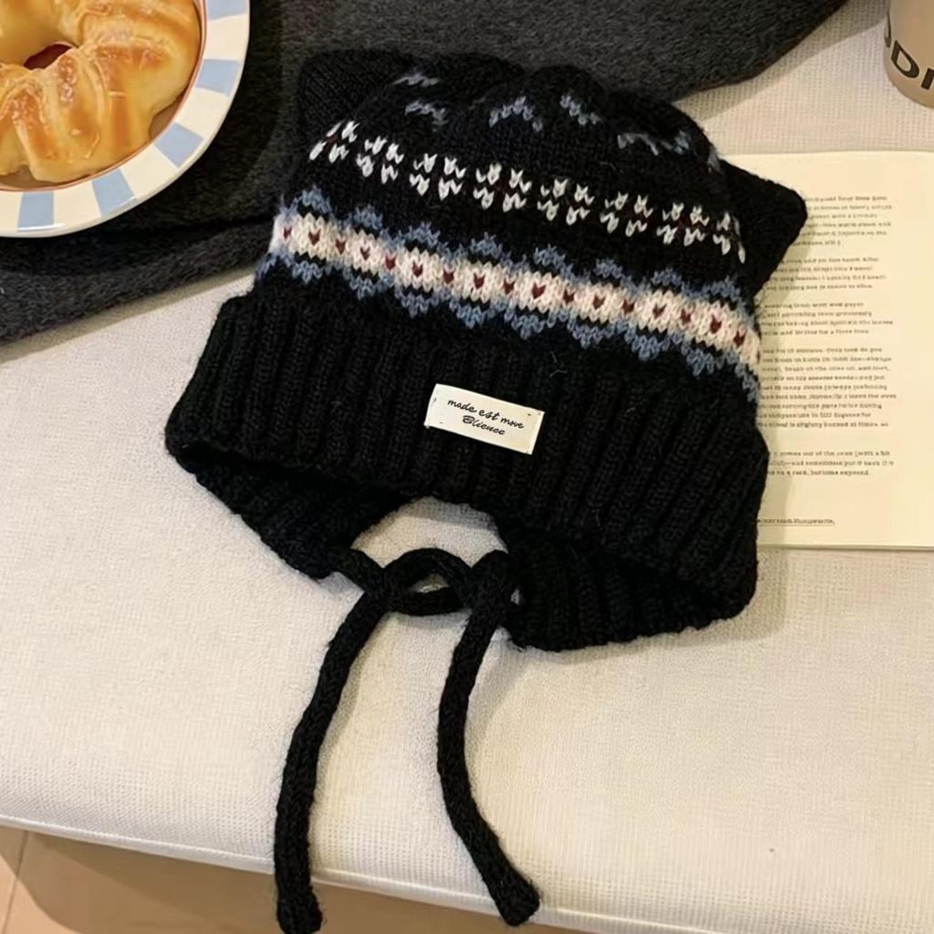 Шляпа-ушанка в стиле Fair Isle, милая и очаровательная, с кошачьими ушками, вязаная ушанка, женская зимняя, утолщенная, с бархатом, теплая, шапка Лей Фэна