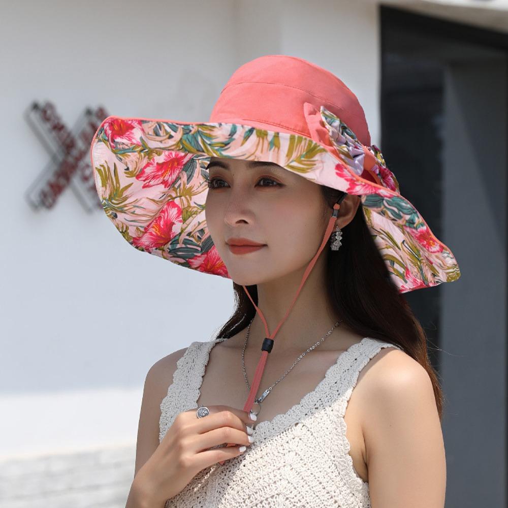 Bowknot Sun Protection Cap Double Side Wear Fisherman Hats Floral Collapsible Sunhat Female