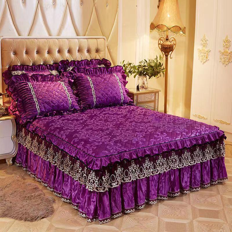 Размер King Size/Queen Size/Twin Size Кружевная утолщенная стеганая юбка-кровать Пододеяльник Наволочка Комплект из четырех предметов Утолщенное теплое постельное белье с вышивкой Высокое качество