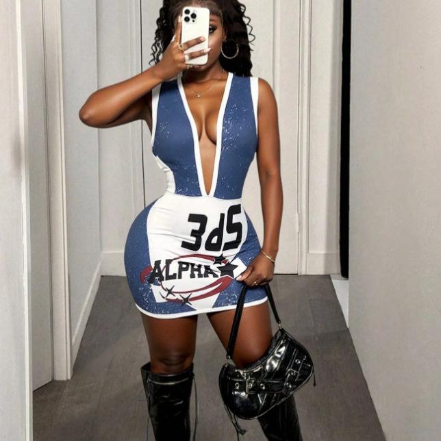 Европейский и американский сладкий и острый сексуальный стиль Spice Girls модный креативный дизайн V-образный облегающий короткое платье