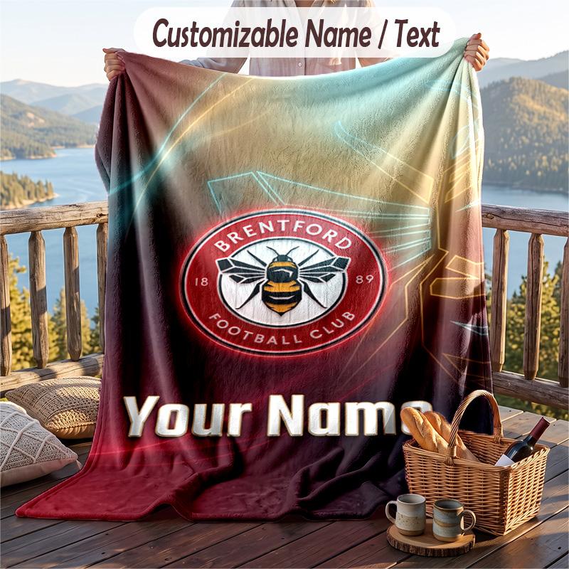Flannel Blanket Brentford Football Print Custom Name Text Soft Throw for Sofa Bed