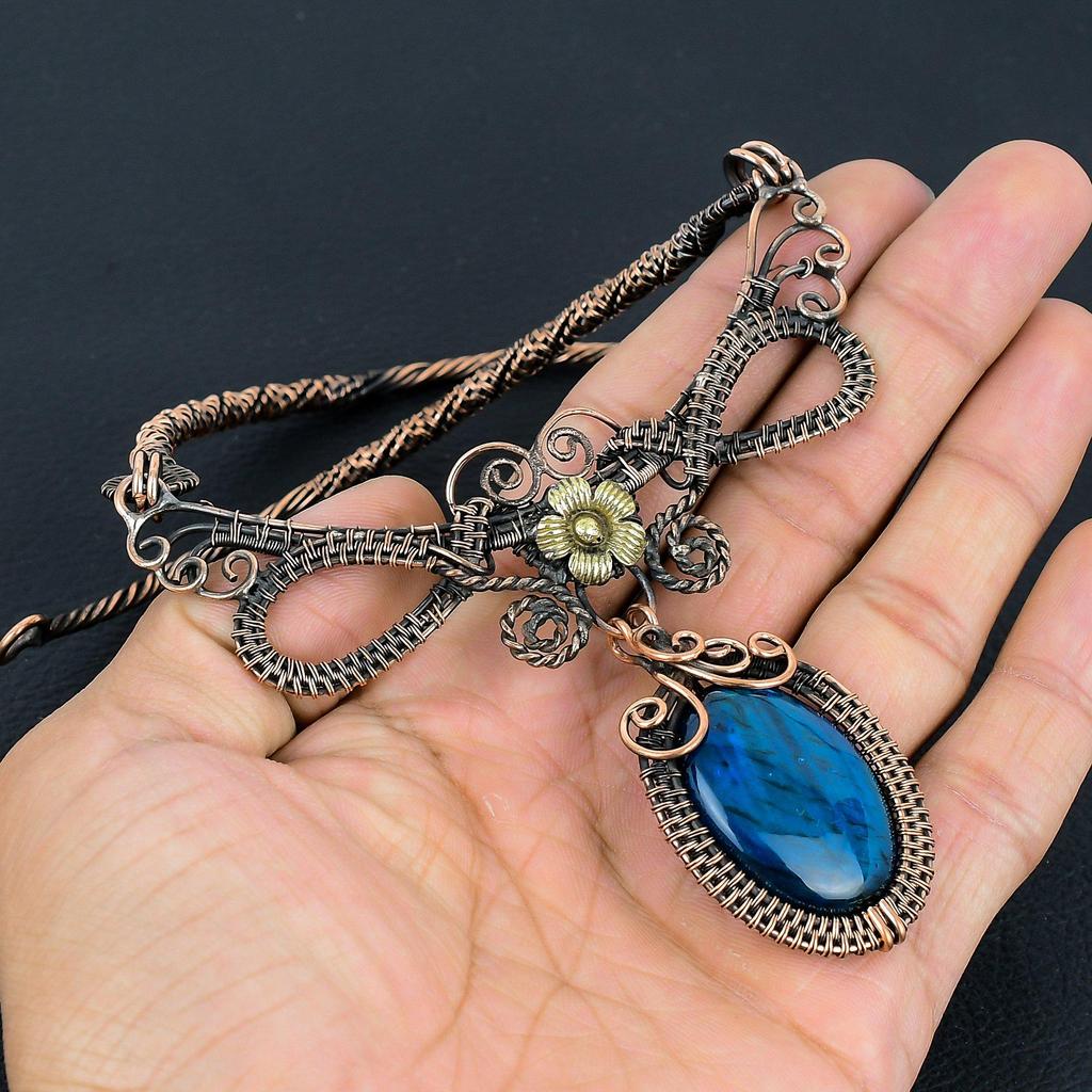 Neon Flash Labradorite Necklace Handmade Jewelry, 999 Copper Wire Wrapped Necklace Designer Gemstone Jewelry Adjustable Chain Necklace Gift For Mom