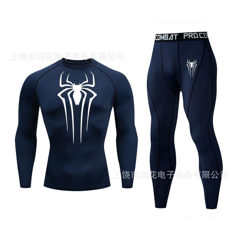 1116 Men's Spider-Man 1D Printed Fitness Suit High Elastic Quick-Drying Long Sleeve Tights Sports Pants Two-piece Set