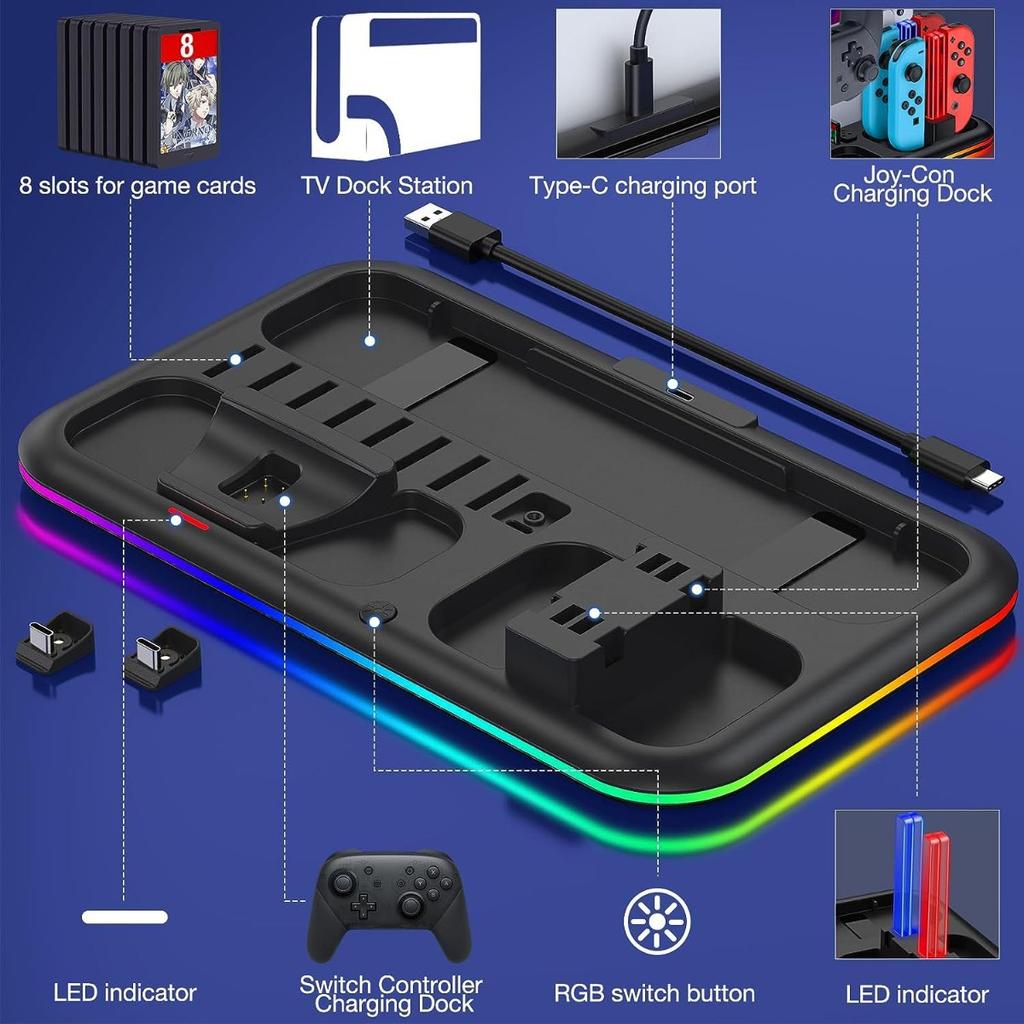 Кронштейн охлаждения RGB для Nintendo Switch, контроллер Switch Pro, зарядная станция, быстрое зарядное устройство для Joy-con Switch