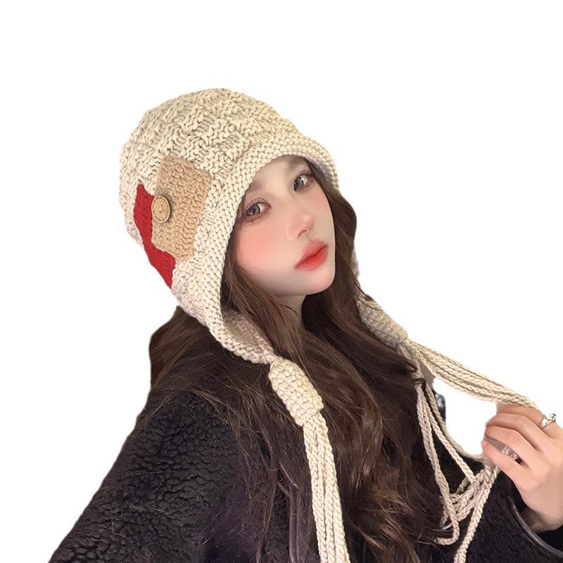 Red Hat for Women In Autumn and Winter Warm Wool Hat Tassel Knitted Hat Hand-knitted Ear Protection Hat for Women