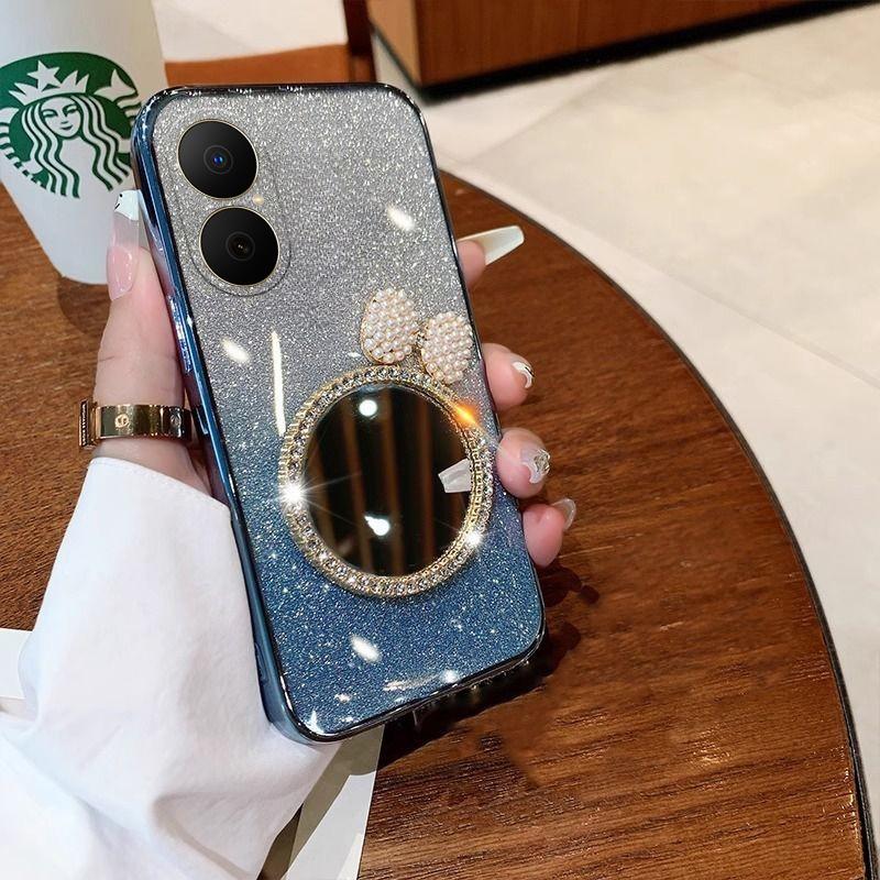 For Huawei Nova Y73 Case with Bow Makeup Mirror Luxury Shiny Gradient Clear Plating Glitter Girls Slim for Huawei Nova Y73 Back Cover