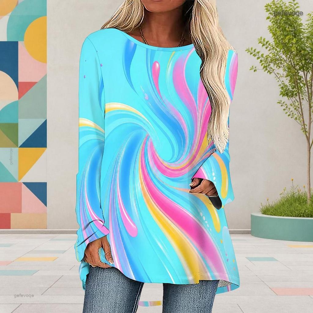 Women Plus Size Round Neck Long Sleeve Colorful Striped Printed Cyan Loose Blouse High Low Hem