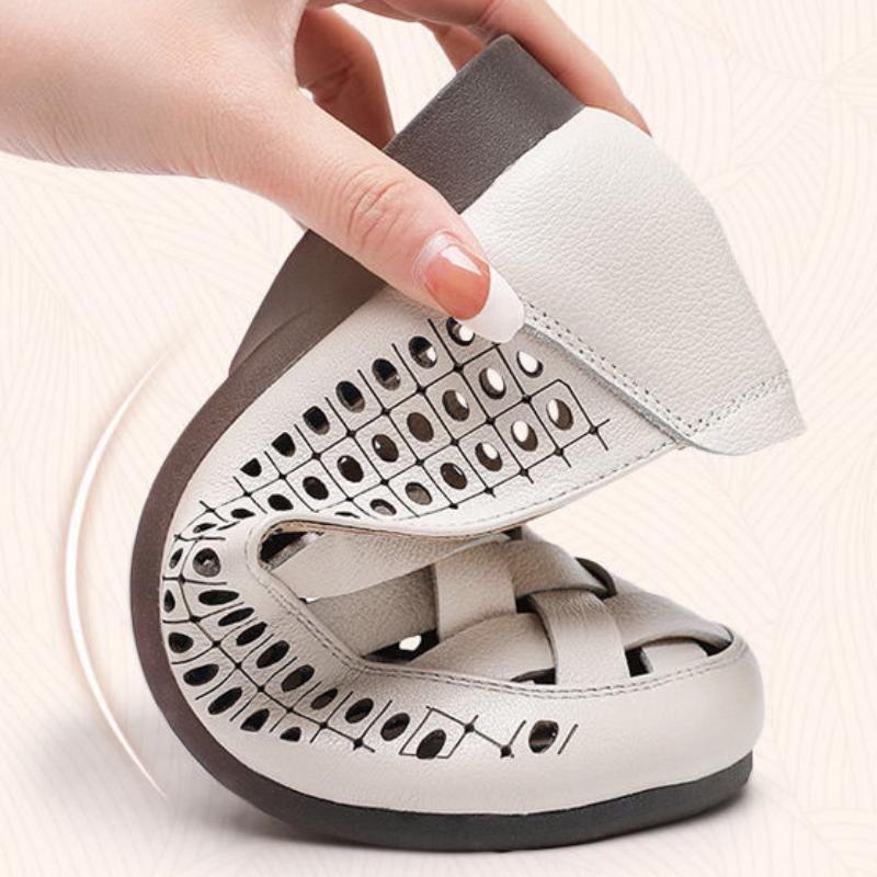 Женская однотонная обувь из мягкой кожи, летние женские удобные нескользящие туфли на плоской подошве, полые сандалии на плоском каблуке.