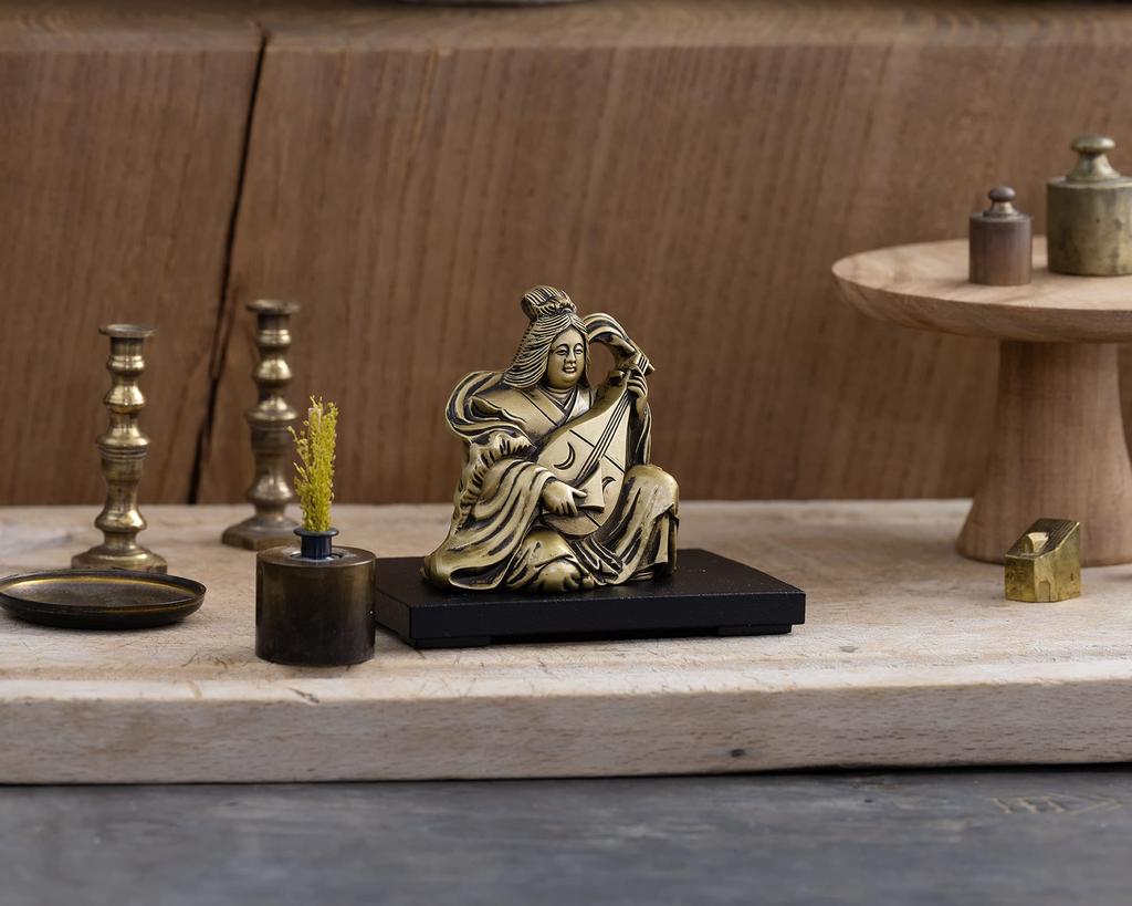 Benzaiten, One of the Seven Lucky Gods, Silky Gold. Sculptor: Makita Shuun. Antique Gold. Buddhist Statue. Takaoka Copperware (Benzaiten 7F).
