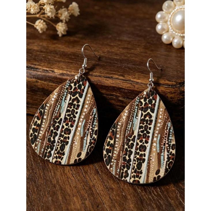 1 Pair Bohemian Vintage Contrast Color Leopard Print Striped Teardrop Earrings, Versatile European & American Style