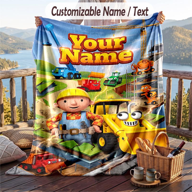Bob the Builder Flannel Blanket, Personalized Custom Name Text, Soft Warm Plush Throw Blanket For Gift