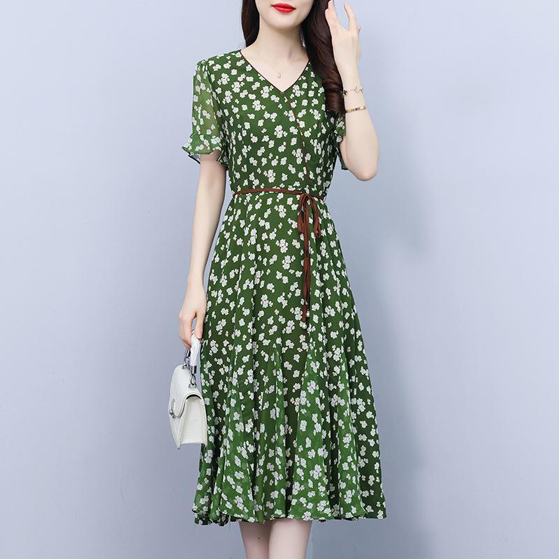 Новое летнее темпераментное женское платье с v-образным вырезом в западном стиле и цветочным принтом, 2024, мясное и тонкое модное шифоновое платье для женщин
