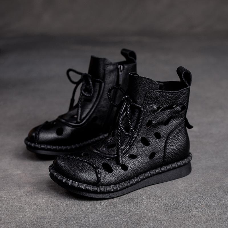 Johnature Women Shoes Summer Sandals Genuine Leather Round Toe Lace-up Handmade Retro Breathable Hollow-out Boots