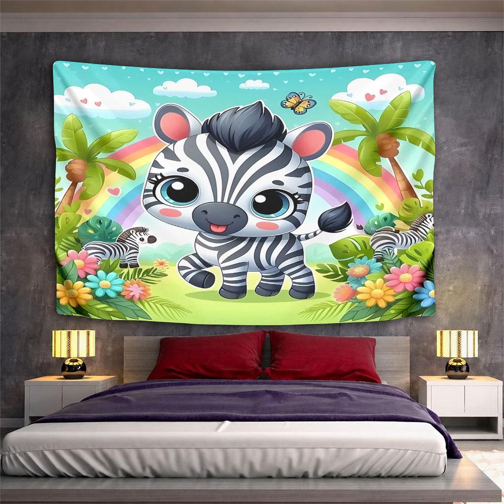 Cute Zebra with Rainbow and Flowers Pattern Wall Hanging Tapestry Decorative Tapestry Home Decor for Bedroom and Living Room