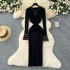 Autumn Spring Women Full Sleeve Luxury Beading Knitted Sweater Party Dress Long Midi Sheath Bodycon Pullover Dresses