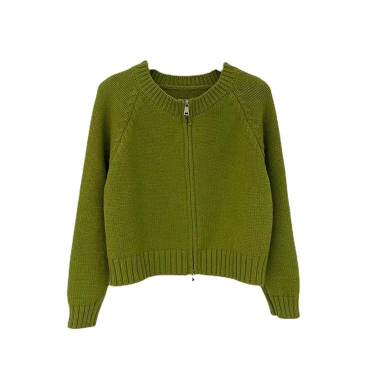 Korean Style Short Solid Color Knitted Sweater for Women New Double Zipper Knitted Cardigan Top