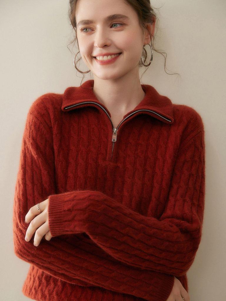 Women's Thickened Cashmere Half-Zip Knit Sweater - Loose Fit, Soft, Turn-Down Collar for Autumn and Winter