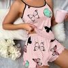 2 Pcs/Set Women O Neck Sleeveless Top Elastic Heart Print Strappy Pajamas Set High Waist Shirring