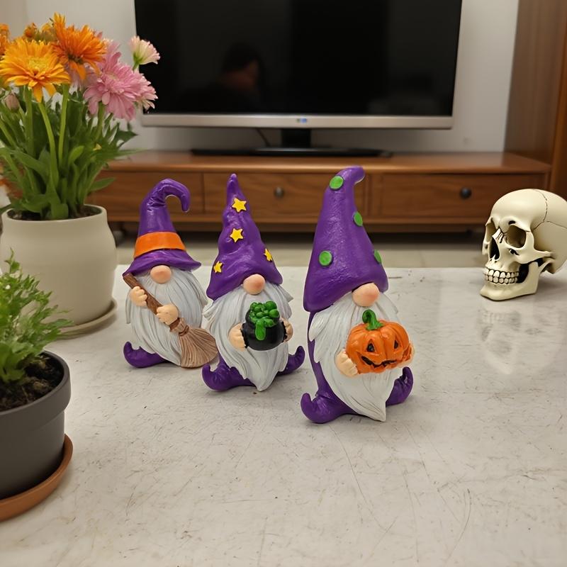 3pcs Halloween Gnome Statue Decorations Magic Broom Hat Pumpkin Gnomes Old Man Wizard Witch For Home Desktop Resin Decor