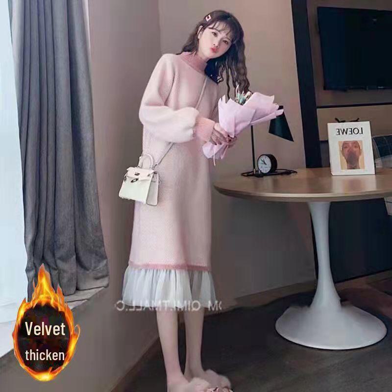 2024 Fall/Winter French Style Knee-Length Knitted Dress Coat with Inner Skirt and Sweater for Children