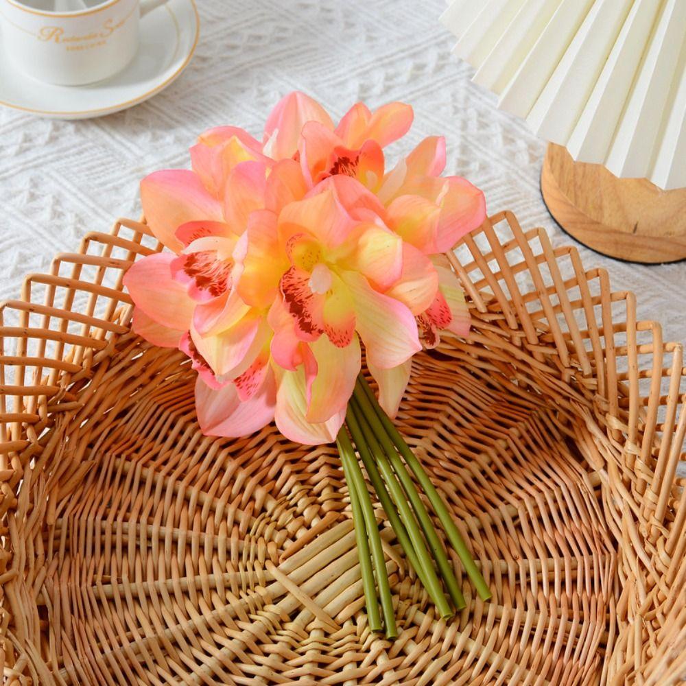 6 Heads Artificial Cymbidium Flowers Real Touch Magnolia Branch Birthday Decor