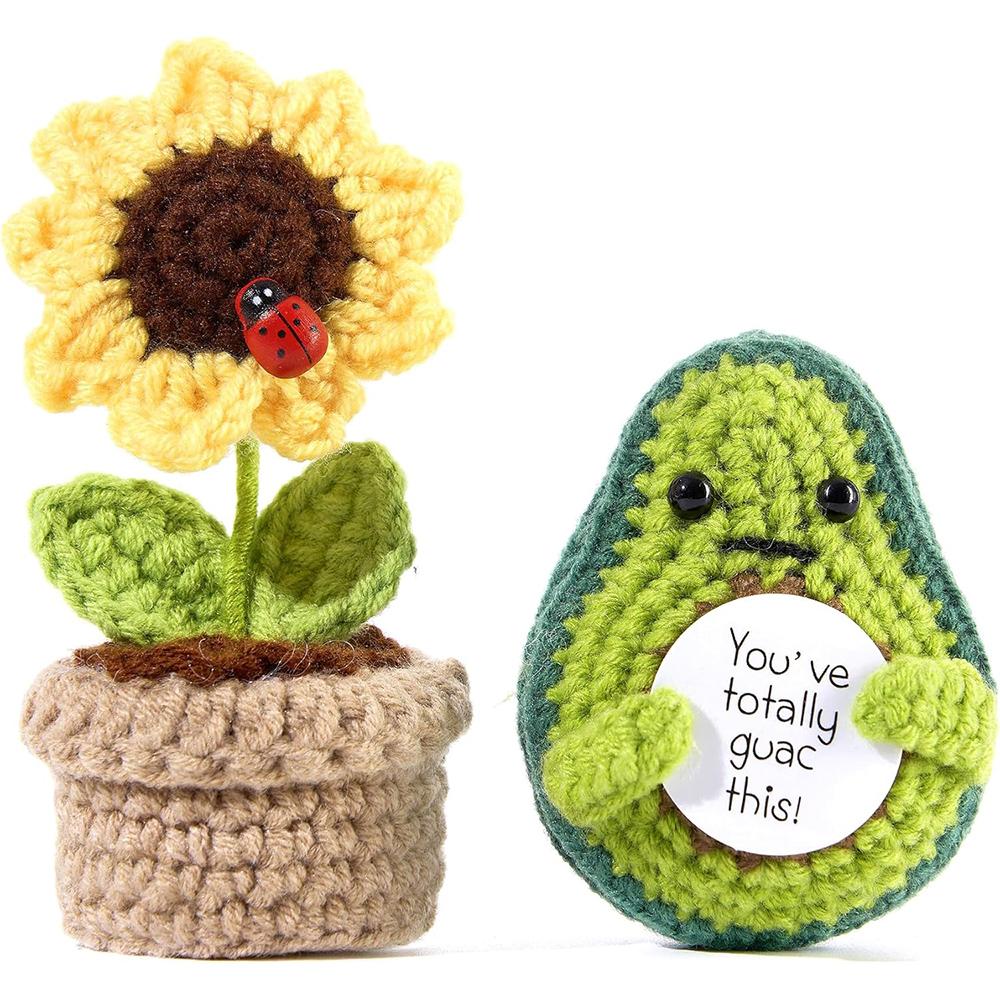 Handmade Knitted Emotional Support Avocado Doll With Card and Sunflower Pot Home Room Decoration Crochet Avocado Christmas Gifts