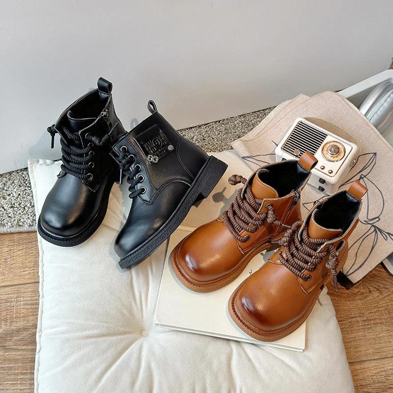 Мальчики Девочки Кожаные Ботинки Красивые Модные Детские Мотоциклетные Ботинки Нескользящие 2024 Осень Зима Новые Детские Короткие Ботинки Мягкая Подошва