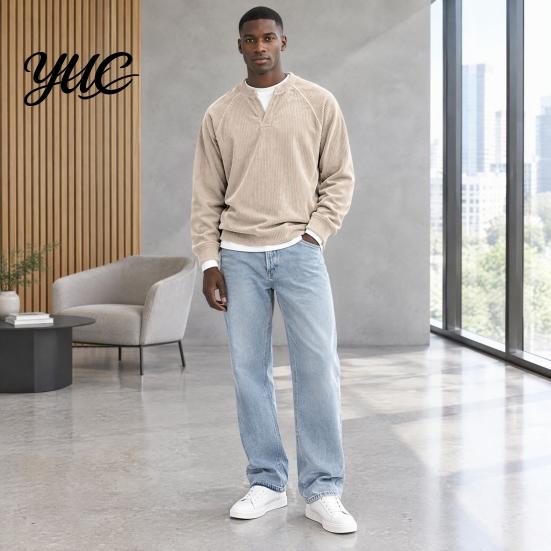 Relaxed Fit Business Casual Shirt Men Corduroy Textured Layered Tops, V Neck Raglan Long Sleeve Pullover Warm Texture Comfortable Daily Outfit