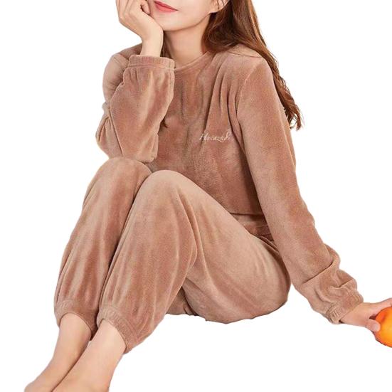2 Pcs/Set Women Winter Pajamas Set Soft Thick Plush Cold Resistant Solid Color Round Neck Elastic Waist Long Sleeve Lady Homewear Sleeping Set