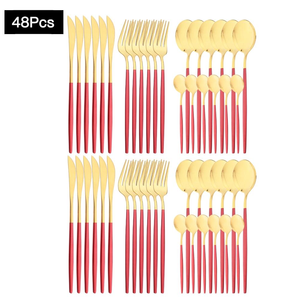 48Pcs Gold Mirror Polishing Cutlery Set Stainless Steel Dinnerware Tableware Knife Fork Spoon Coffee Spoon Flatware Home Party