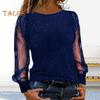 Women T-shirt Round Neck See-through Glitter Long Sleeve Tops Solid Color Loose Fit Casual Tops Daily Wear