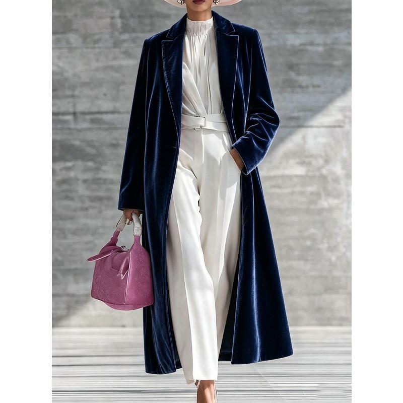 Autumn and winter TikTok popular golden velvet long coat women's high-end lapel over knee velvet jacket