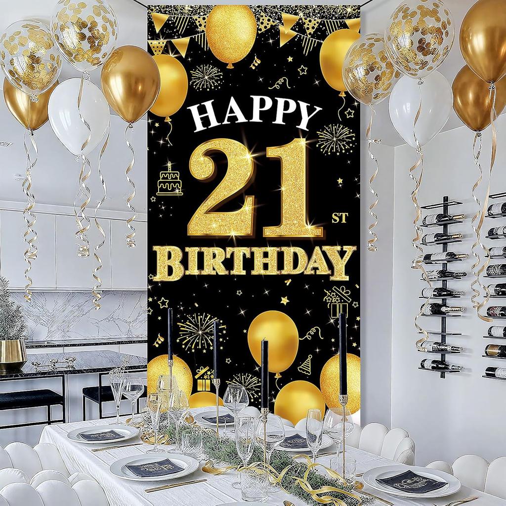 Happy 21st Birthday Decorations for Her Him, Black Gold 21 Birthday Banner Backdrop, Fabric Door Decor Yard Sign Photo Booth Props for Men and Women,