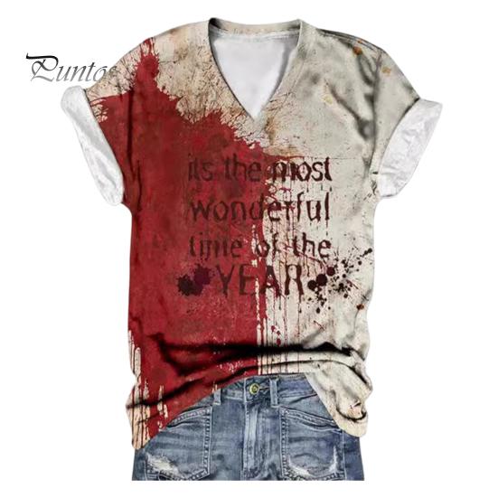 Женская футболка с V-образным вырезом и коротким рукавом, футболка с принтом крови на Хэллоуин, тонкая эластичная, для косплея, фестивалей, пуловеры, топы